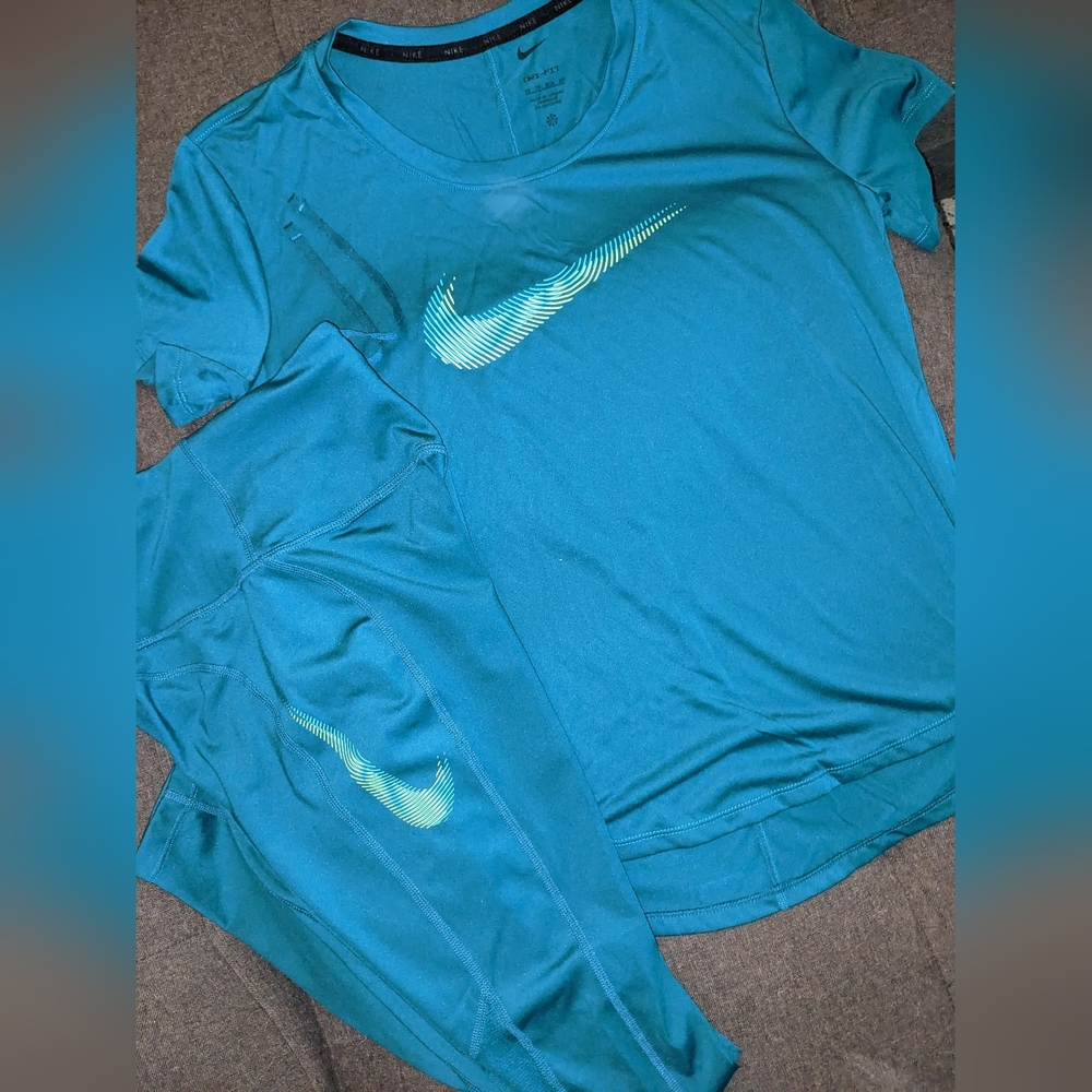 Nike Women's Teal Active Top with Teal/Light Green Swoosh